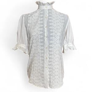 70s Victorian White Lace Blouse – Cottagecore Romantic [M]